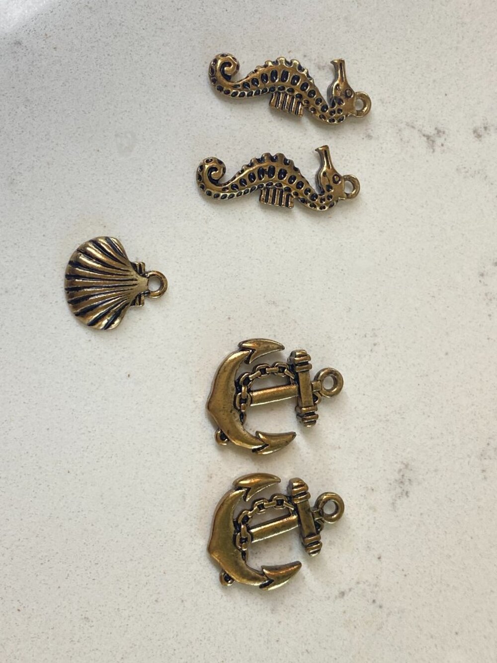 Antique Gold Nautical Charm Lot 5pc Seahorse Anchor Shell Jewelry Making